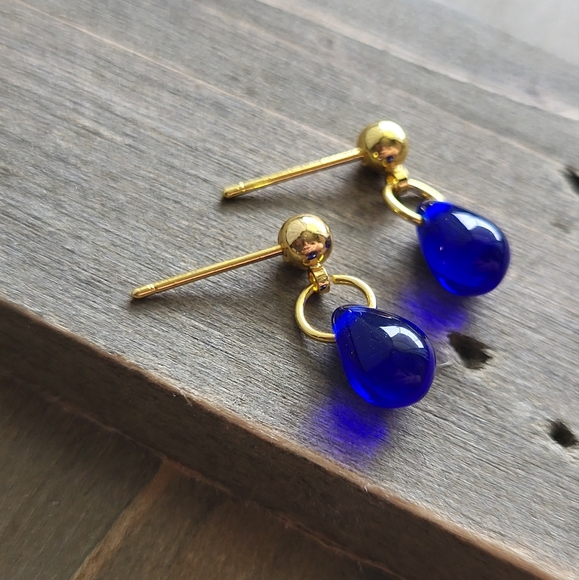 18k Gold Sapphire Blue Cobalt Teardrop Earrings- Handmade Earrings- Royal Blue E - Picture 1 of 7